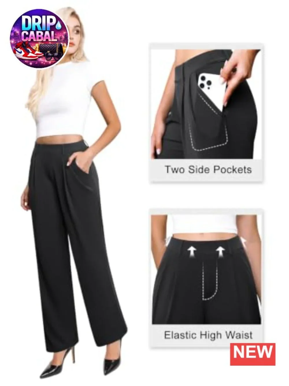 Wide Leg Pull-On Dress Pants with Pockets High Waisted Stretchy Work Trousers